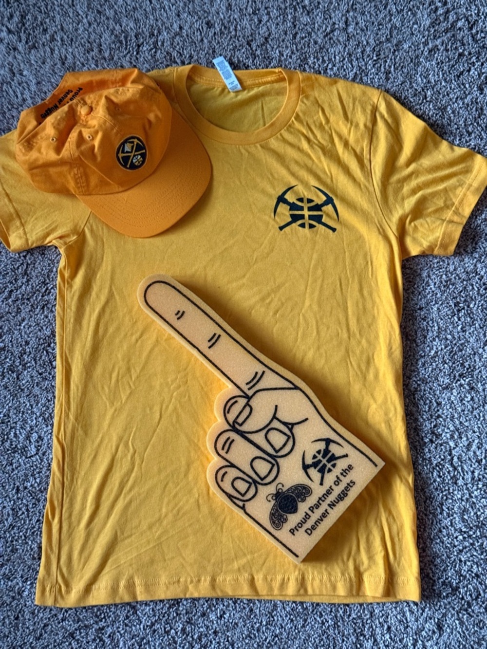 Denver Nuggets Yellow T-Shirt with Cap & Foam Finger